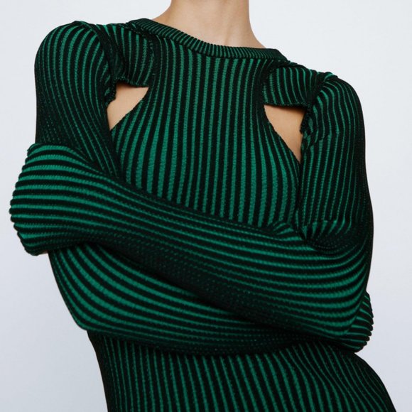 New! City Scouts Petite Plated Knit Cut Out Long Sleeve Mini Dress, Green, Small - Picture 3 of 4